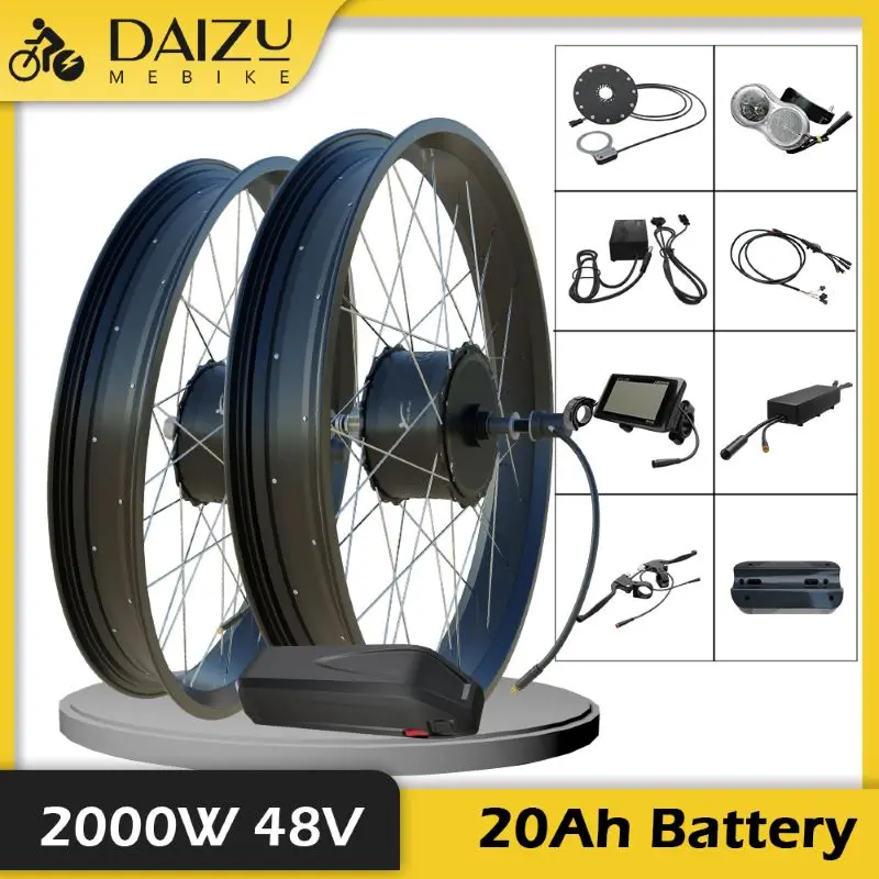 48V 20Ah Fatbike Electric Bike Conversion Kit with Battery Hailong Front Rear 2000W Hub Motor 20”26”×4.0 Inch Wheel