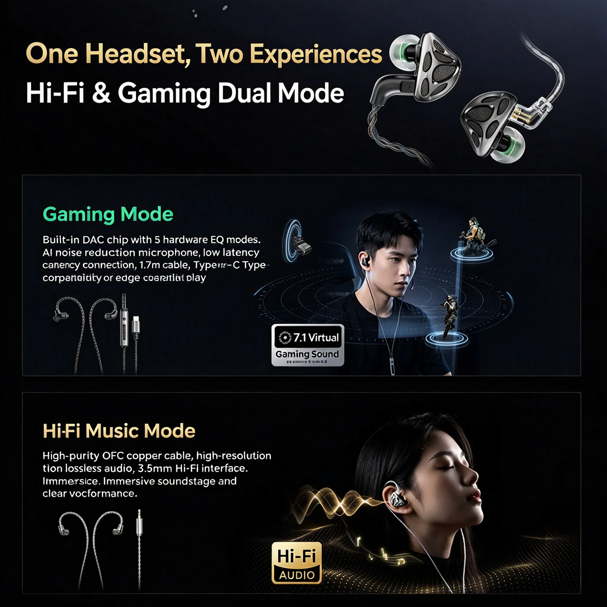 TAIDU Poxiao Yao 2 Wired In Ear Gaming Earphones HiFi Dual Dynamic Driver Detachable Mic 7 1 Surround DAC 5 EQ Modes 2 Pin
