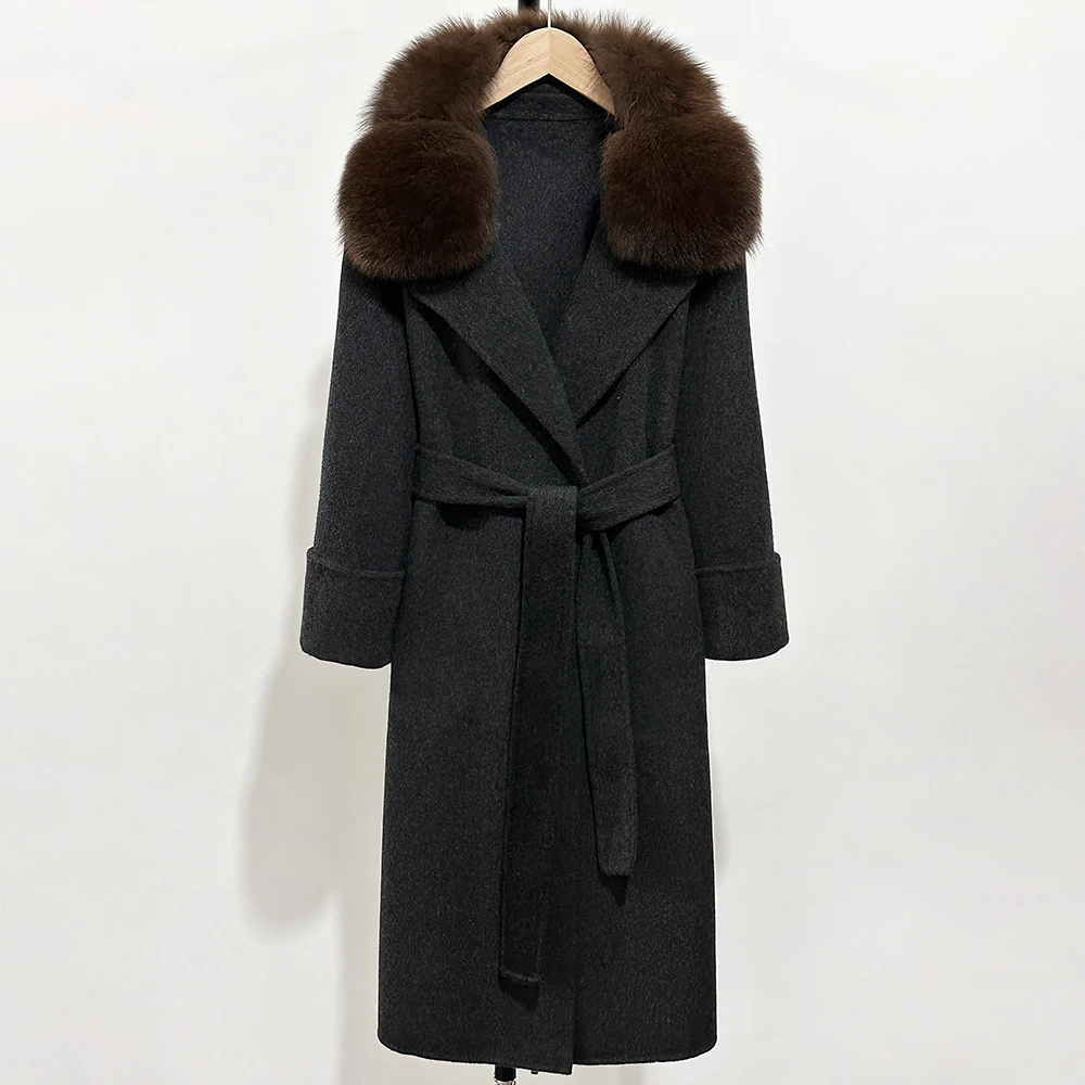 

Elegant Woolen Coat Fashion Female Warm Real Fox Fur Collar Wool Jacket New Autumn Winter Wool Blend Coat Double-sided Cashmere