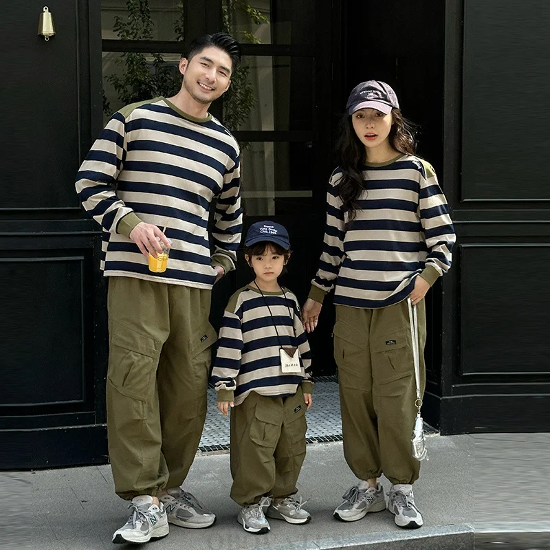 Autumn Family New Matching Set Brothers and Sister Clothes Couple Look Dad Mom Son Long Sleeve Stripe T-shirt Cargo Pants Outfit