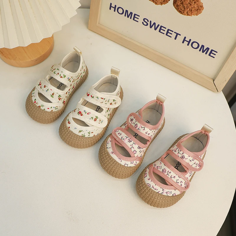 Floral Canvas Shoes Children Girls Square Mouth Casual Kids Girl Soft Soled Non-slip Shoe