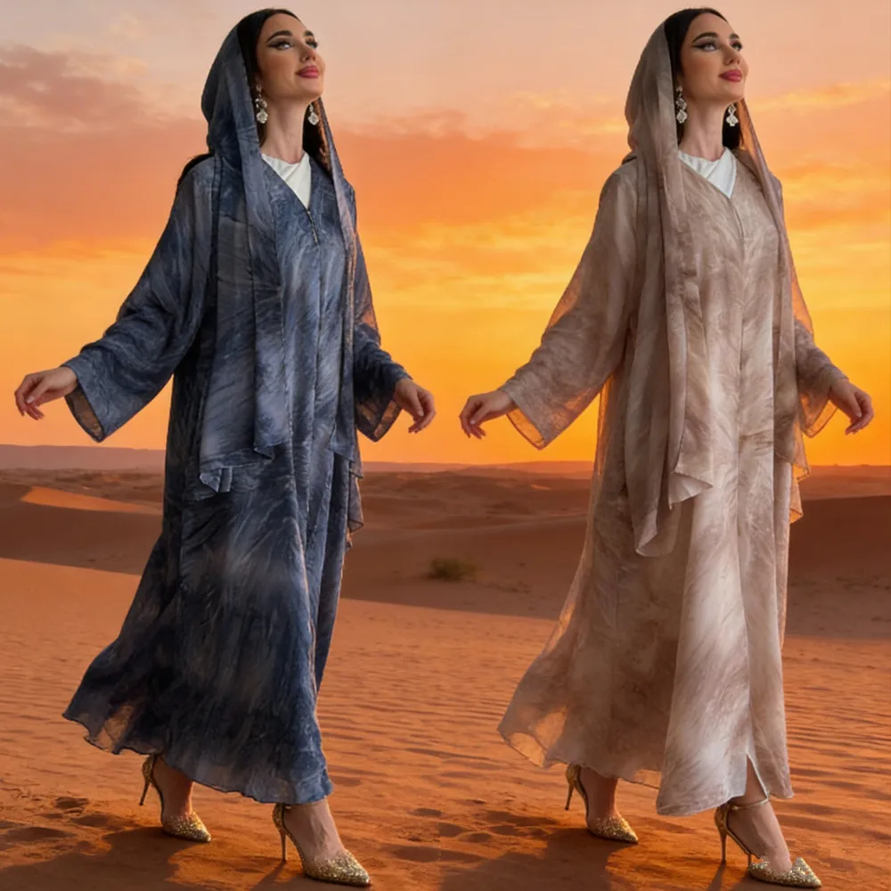 

Eid Dubai Kimono Cardigan Print Long Dress Hijab Muslim Set Women Turkey Kaftan Open Abaya Islam Jalabiya Femme Musulmane Kebaya