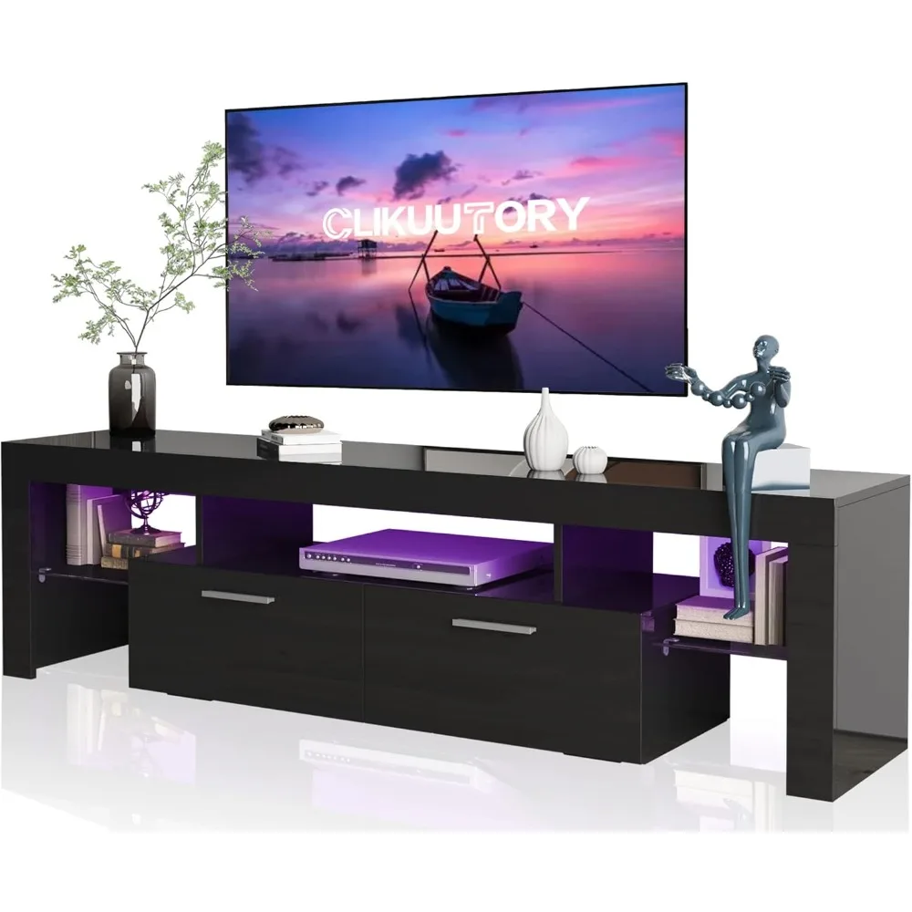 Modern LED 63 inch Long TV Stand with Large Storage Drawer for 50 55 60 65 70 75 Inch TVs, Wood TV Console with High Glossy