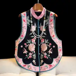 Spring/Summer New Chinese Style Stand Collar Black Exquisite Flower Embroidered Acetate Single Breasted Woman Vest S-XXL