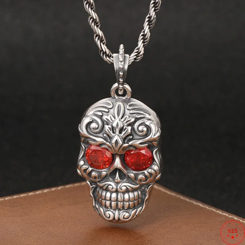 

S925 Sterling Silver Charms Pendants for Women Men New Fashion Red Zircon Zombie-king Dark Skull-head Punk Jewelry Wholesale