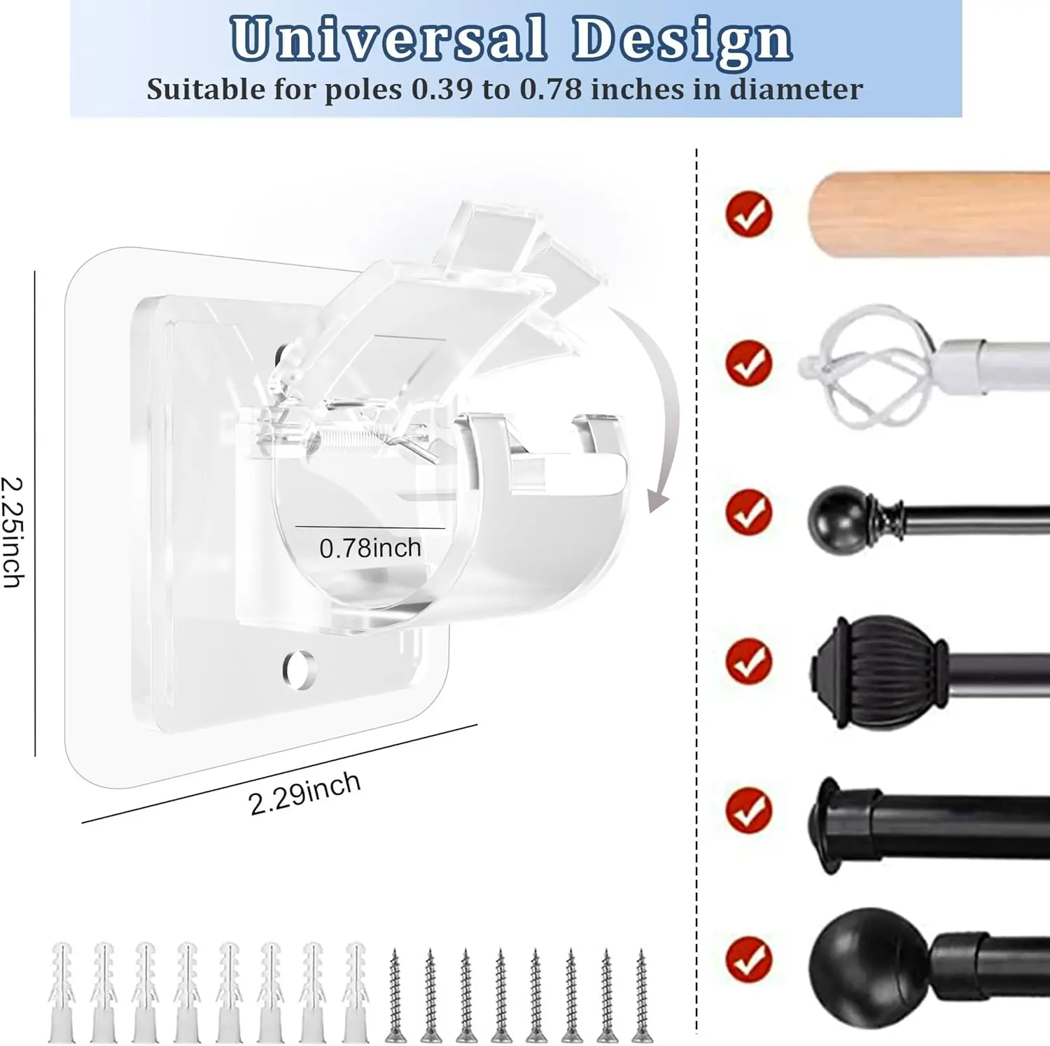 No Drill Curtain Rod Holder Hooks, 8PCS Self Adhesive Brackets for Bathroom Kitchen, Clear view 3