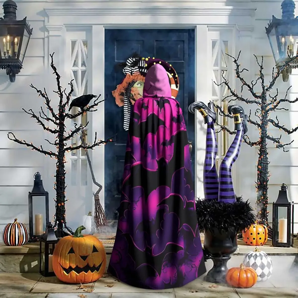 Custom Halloween Bats Long Hooded Cloak Witch Medieval Costume Cosplay Cape HalloweenParty Adult Unisex view 5