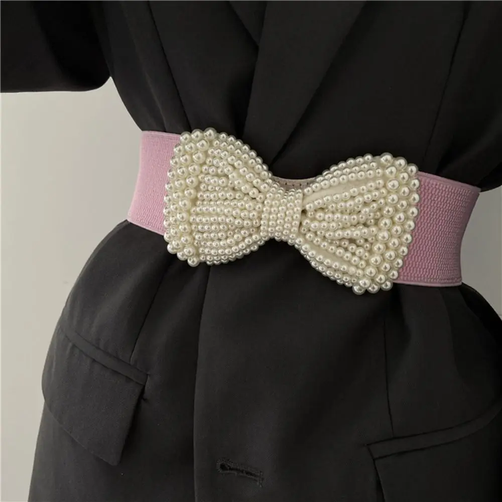 

Модный эластичный пояс, широкий повседневный поясной ремень с жемчужным бантом, поясные ремни, украшение одежды