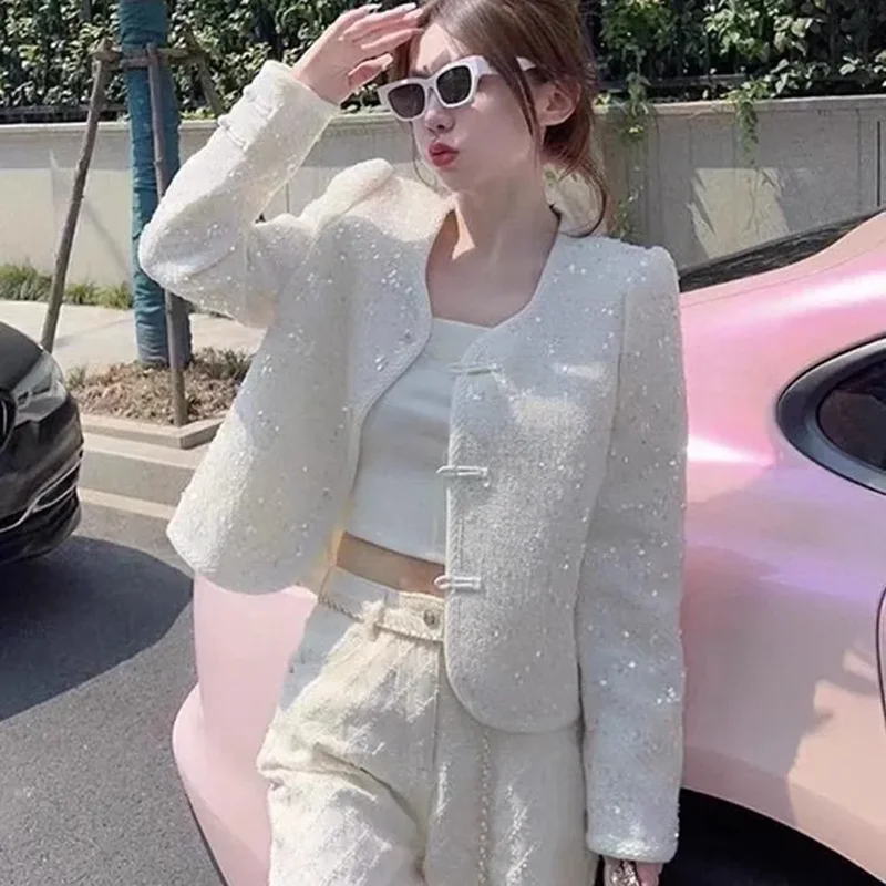 

Chic Casual Jacket Women's Outwear Spring Autumn Fashion National Buckle Design Sense Loose Sequin Coat Female Tops
