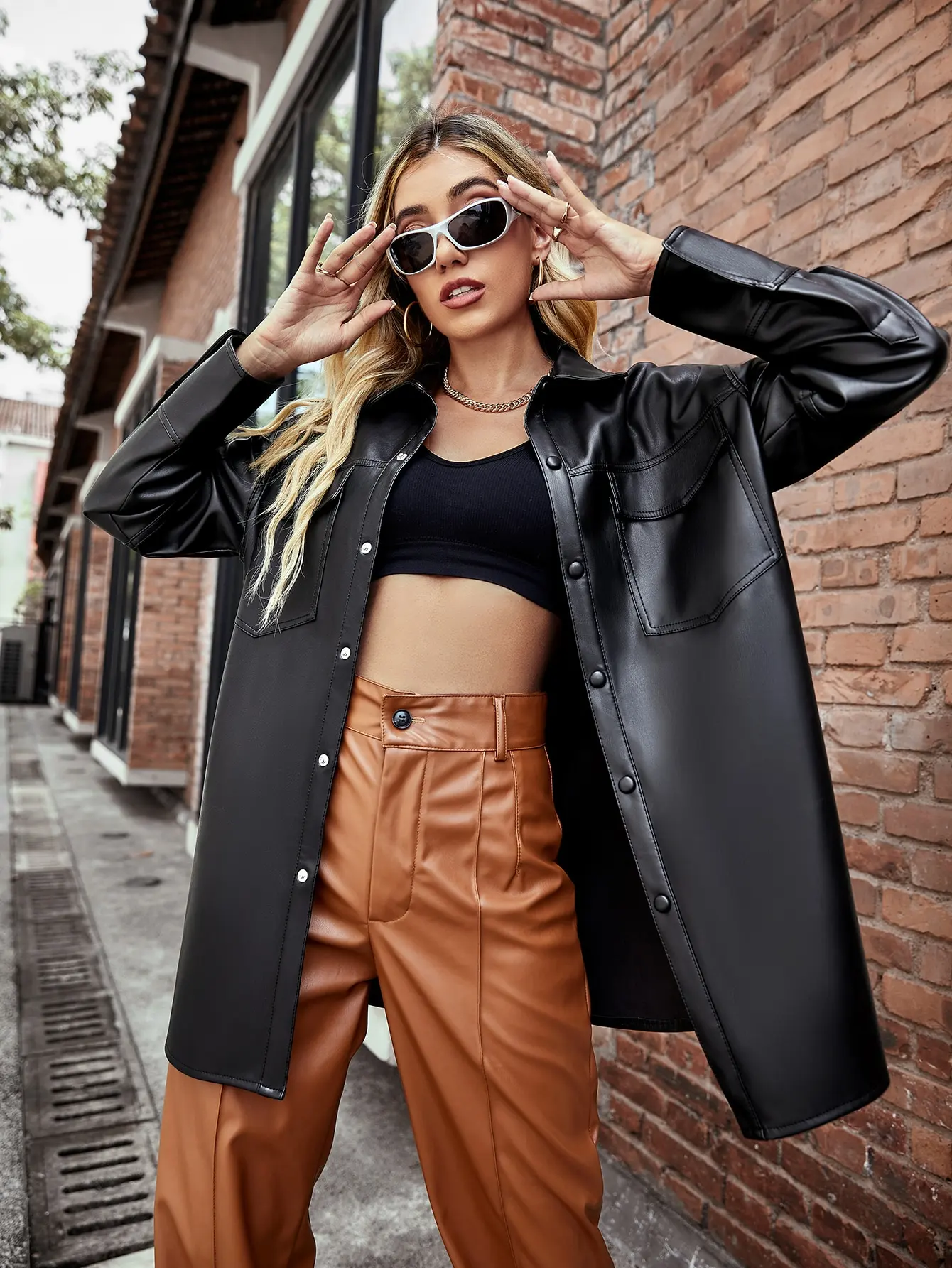 Jaqueta feminina de couro sintético outono/inverno com mangas compridas e fecho de botão, casaco para deslocamento diário