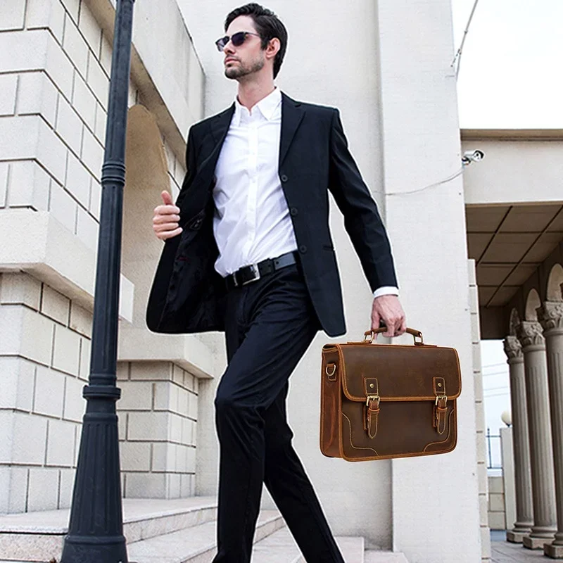 Men Crazy Horse Leather Business Bag Vintage Cowhide Business Bag 14 Inch Laptop Computer and Tablet Shoulder Bag