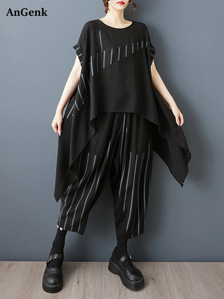 

Летняя повседневная футболка в полоску с принтом из 2 предметов, свободная футболка с короткими рукавами, женская футболка, верхняя модная одежда, брюки-шаровары, костюм 2025