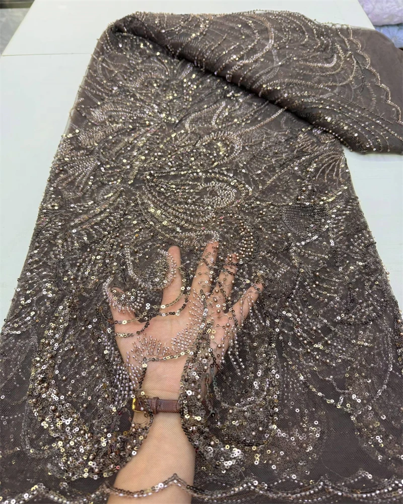 White Bridal Mesh Tulle Lace Fabric with Sequins Beaded Embroidery Elegant French Nigerian Style for Wedding Party Dresses