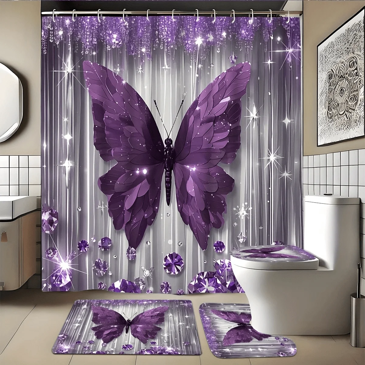 4pcs Set - Fashion Diamond Purple Butterfly Shower Curtain Set, Bathroom Decoration And Additions, Including Non-Slip Bathroom, U-Shaped, Toilet Seat Cover, 70.9 X 70.9In Shower Curtain Cord with 12 Hooks, Exquisite Housewarming Gift