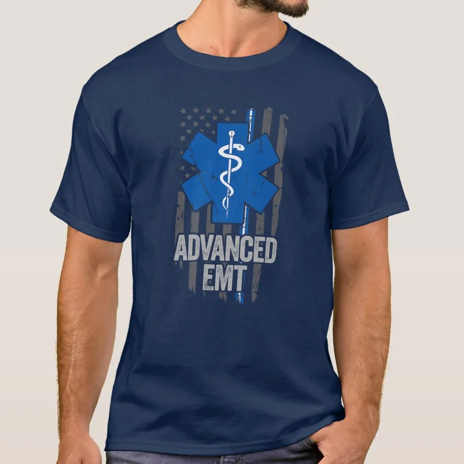 USA Flag Blue White Thin Line Advanced EMT Star of Life T Shirt. High Quality Cotton, Breathable Top, Loose Casual T-shirt S-3XL