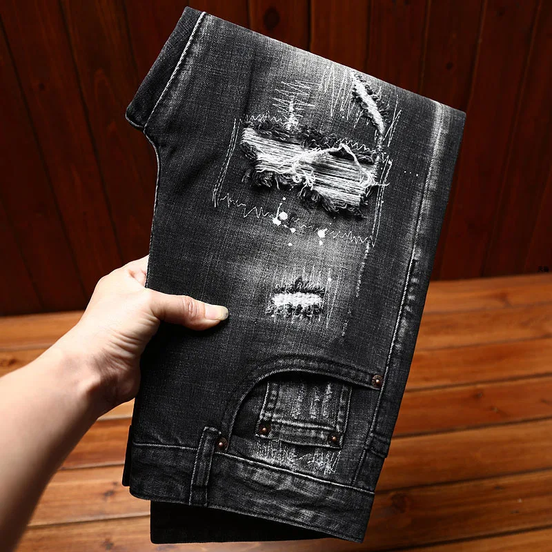 Street Motorcycle Men's Jeans2024New Slim Fit Feet Stretch Hole & Patch Personalized Washed All-Matching Long Pants