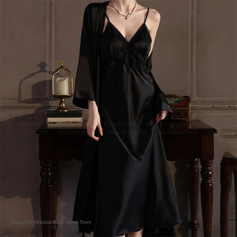 

New Female Long Robe Suspender Nightgown Set Loungewear Spring Summer Sleepwear Home Dress Sexy Lace Nightdress Night Clothes