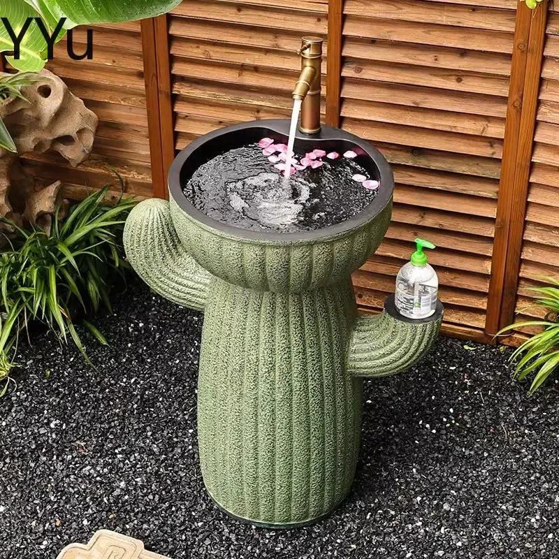 for New Chinese Style Outdoor Washbasin Cactus Shaped Bathroom Sink Garden Patio Pedestal Basin Japanese Bathroom Accessories