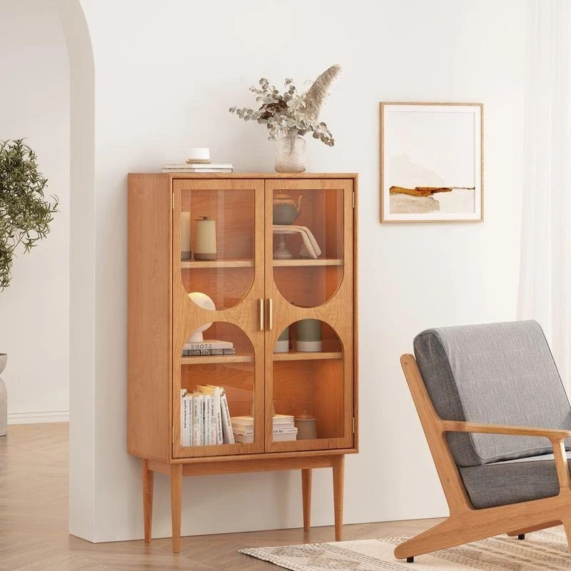 Solid wood bookcase, simple modern storage, dust-proof glass door cabinet, wall display cabinet