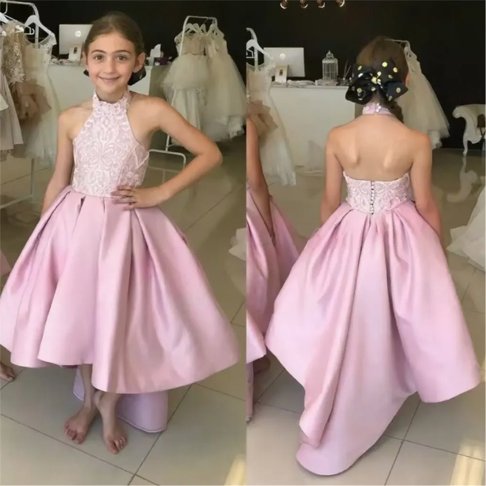 

Luxury Pink Satin Flower Girl Dress for Wedding Sleeveless Appliques Girl Gown for Photoshoot First Communion Gown Customized