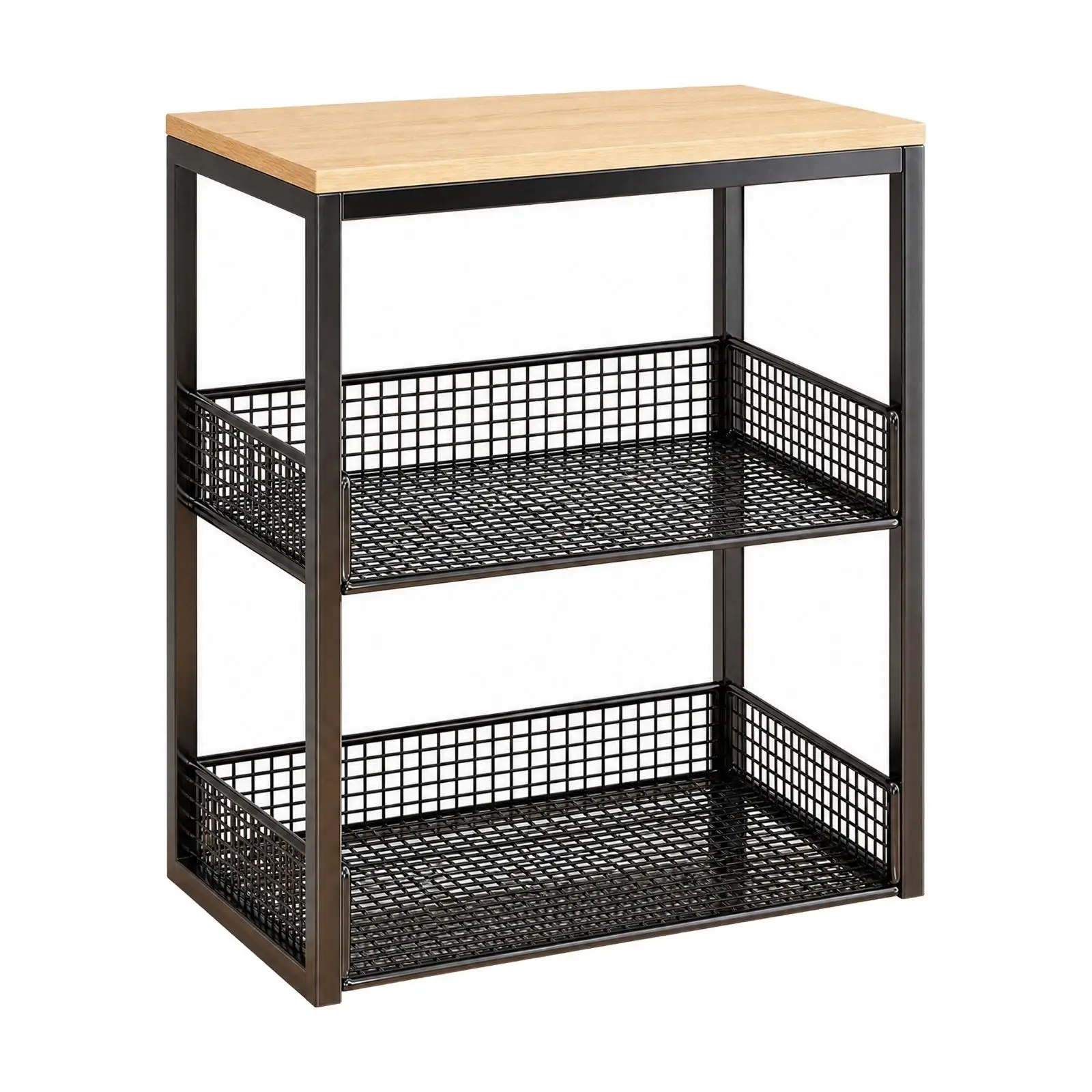 Sturdy Metal Wood Shelf Unit for Beneath Desk Use with Raised Edges and Open Mesh Shelving Design