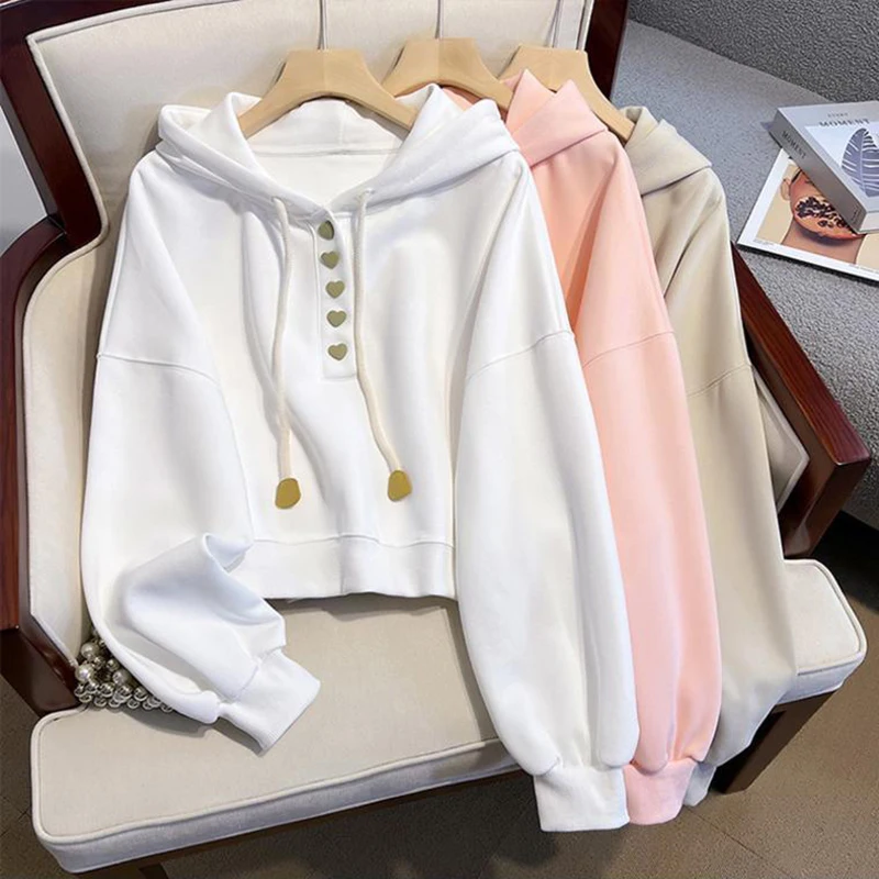 GIDYQ Hooded Sweatshirt Women Sweet Loose Heart Button Hoodies Korean Fashion Solid Long Sleeved Casual All Match Top Spring New