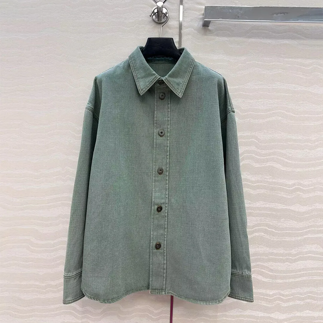 

High Quality Green Denim Shirt Women 2025 New Fashion Streetwear Lapel Long Sleeve Single Breasted Loose Casual Blouse