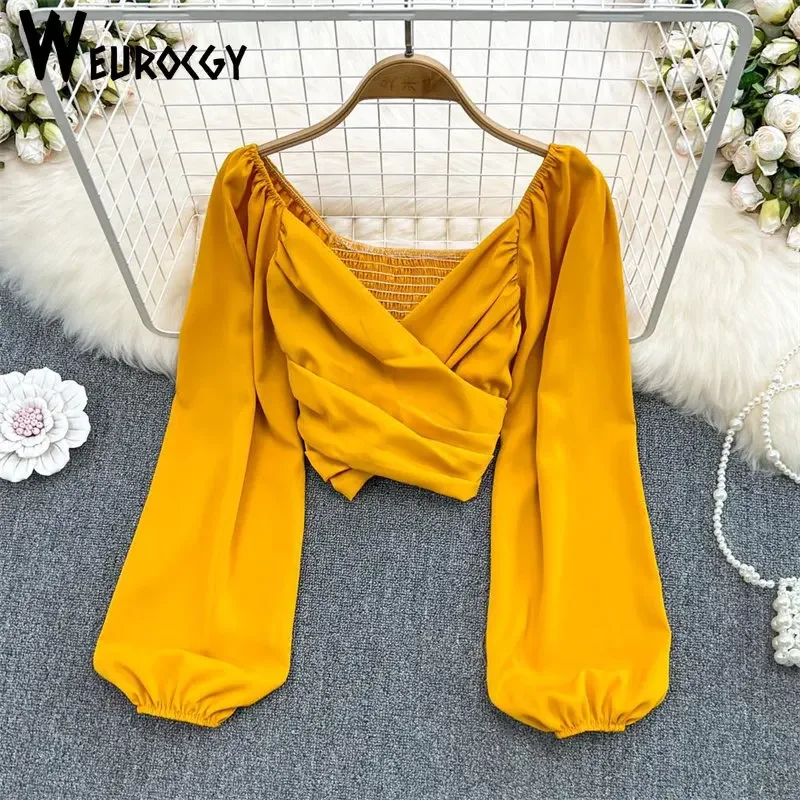 Primavera moda ocio estilo coreano cuello en V plisado clavícula burbuja manga larga Jersey camisa mujer corto ombligo Top