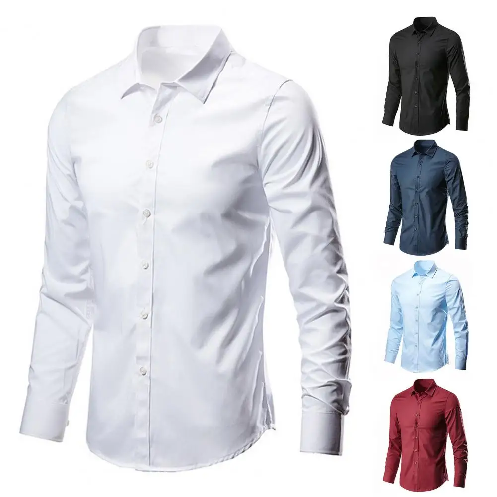 Stylish Autumn Shirt  Solid Color Slim Fit Men Shirt  Anti-iron Autumn Shirt