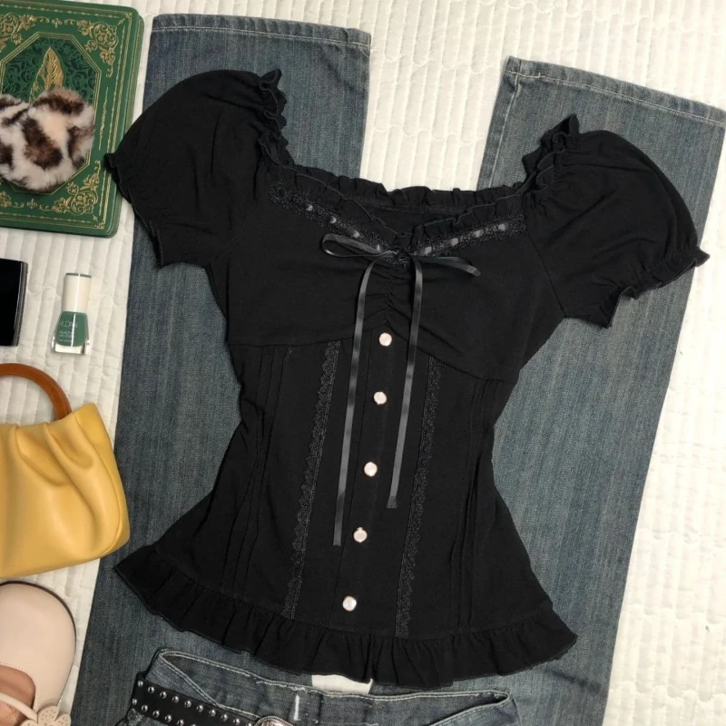 Summer Large Size Slim Black Short Sleeve T-Shirts Women's Vintage Thin Bow Lace Patchwork Short Tees Female Hepburn Chic Blouse