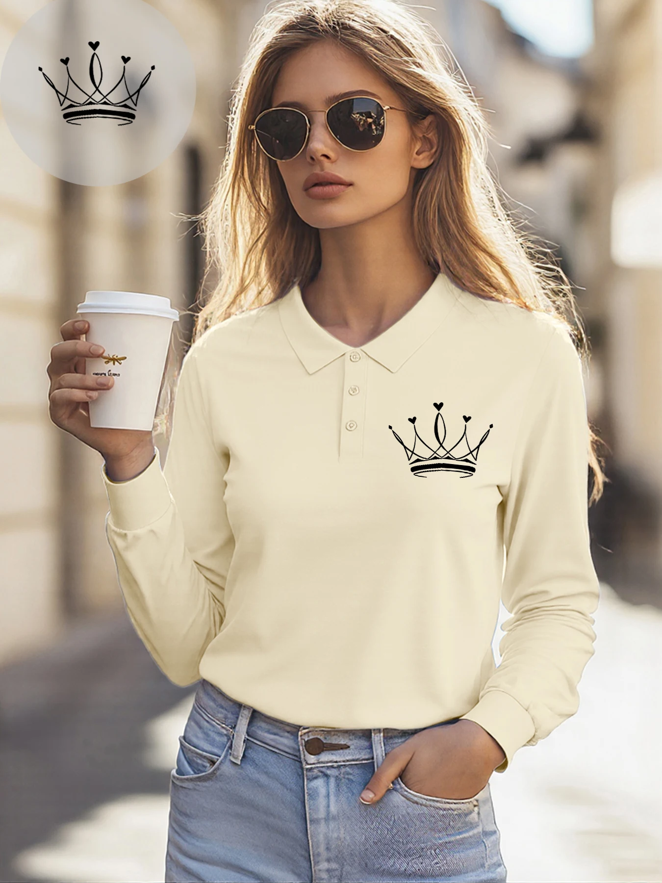 Krone Und Herz Einfache Druck Frauen Polo-Shirt Herbst Business T-shirts Kultur Alle-Spiel T-Shirt Weiche Casual Streetwear