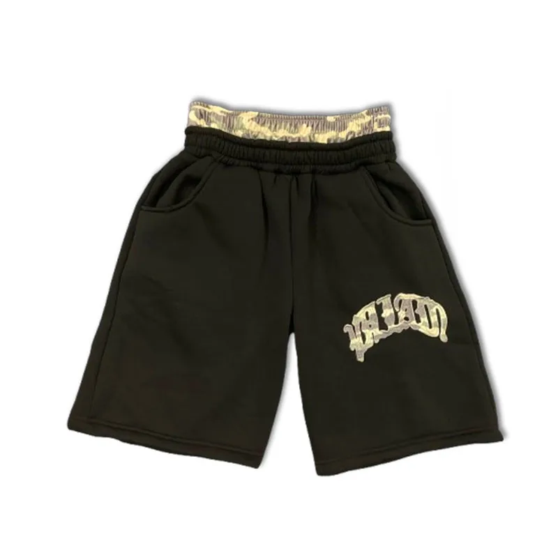 Verão americano high street moda leopardo impressão carta retalhos cintura dupla shorts y2k hiphop solto em linha reta rock calças