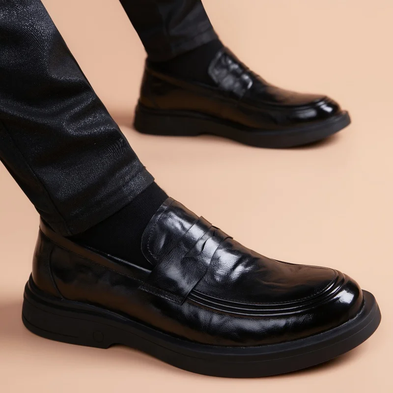 Men's Genuine Leather Slip-On Shoes New Model Thick Bottom Breathable Casual Wedding Business Formal Shoes