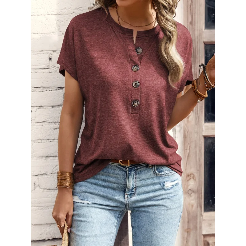 Women's Summer Elegant Button-Front Short Sleeve-Shirt - Lightweight Breathable Fabric