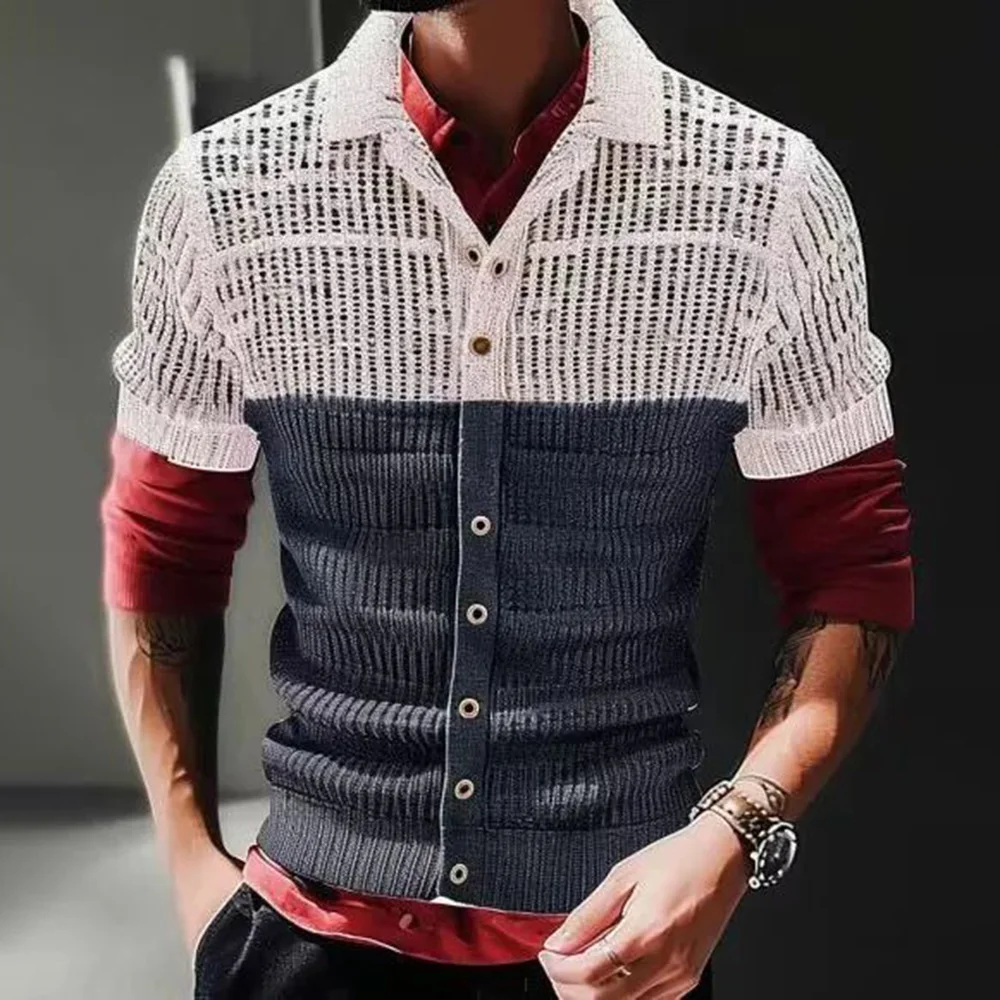 

Mens Summer Shirt Retro Knitted Mesh Breathable Daily Polo Shirt Slim Striped Color Matching Trendy Casual Short Sleeve Top 2024