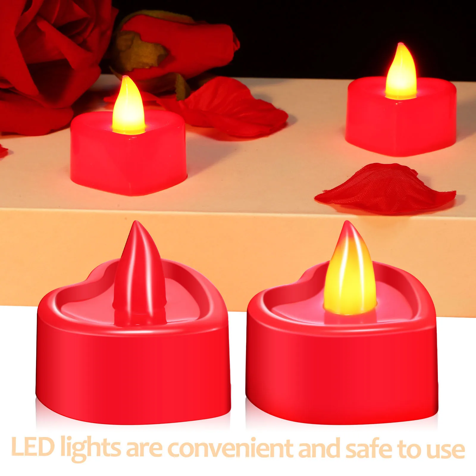 1 Juego de velas LED con forma de corazón, conjunto de decoración romántica, propuesta del Día de San Valentín, pétalos de rosa, decoración romántica para aniversario de boda