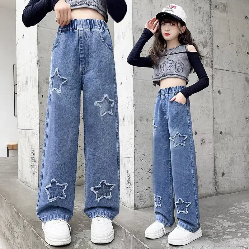 5-14 Jahre Frühling Herbst Mädchen-Jeans, modische Retro- und Vintage-Hose mit fünfzackigem Sternmuster und Stickerei, weit geschnittene Hose für Teenager-Mädchen