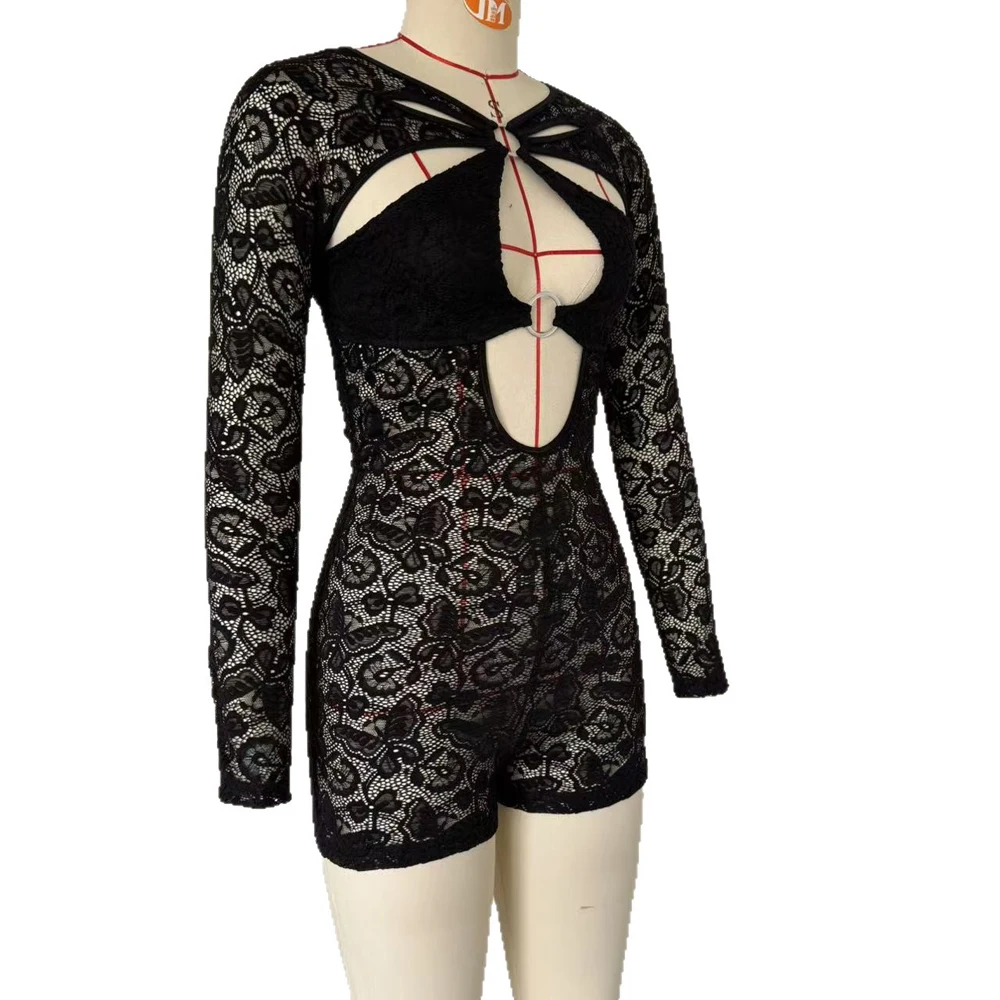 Sexy Spitzen-Cutout Langarm-Romper für Damen mit Hohlen Metallringen, Transparenter Bodycon-Kurz-Jumpsuit für Nachtclub-Party-Lingerie-Outfit – Detail 9