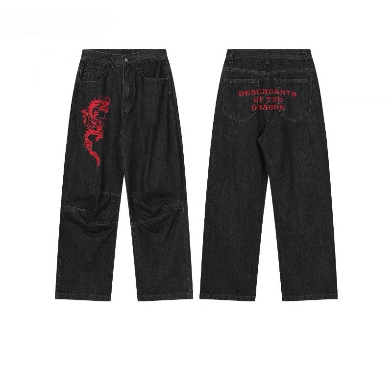 American retro jeans with personalized dragon pattern wide-leg casual fashion hip-hop high street personalized straight trousers