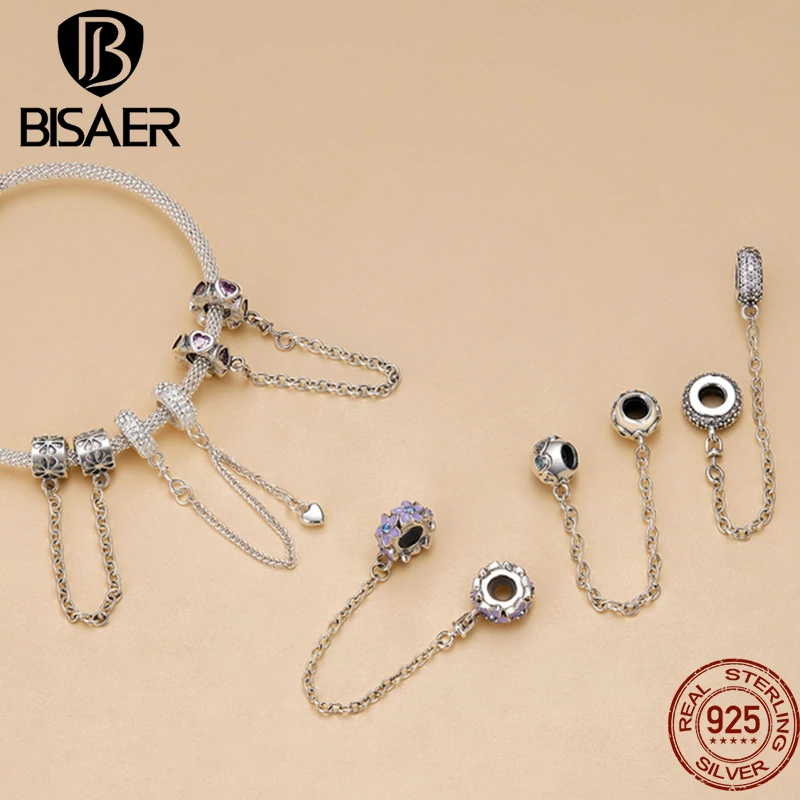 BISAER Sicherheitsketten-Kollektion aus 925er-Sterlingsilber, Herz-Stern-Charms, Silikon-Perle, passend für Damen-Armbänder, edles Schmuckzubehör