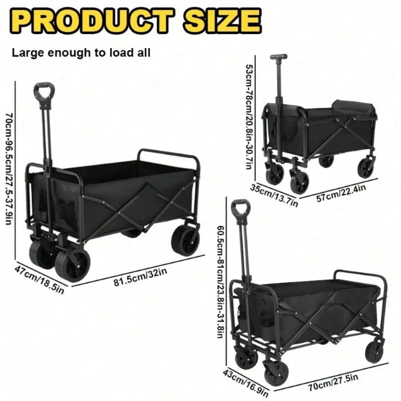220 Lbs/ 450 Lbs Heavy Duty/ 680 Lbs Practical Fully Foldable Cart, Large Capacity Camper Suitable For Yard Shopping/ Sports/ Outdoor/ Gardening Equipment Transport, Black Multi-Purpose Tool Cart, Outdoor Utility Cart, Foldable Design, Heavyduty Cart