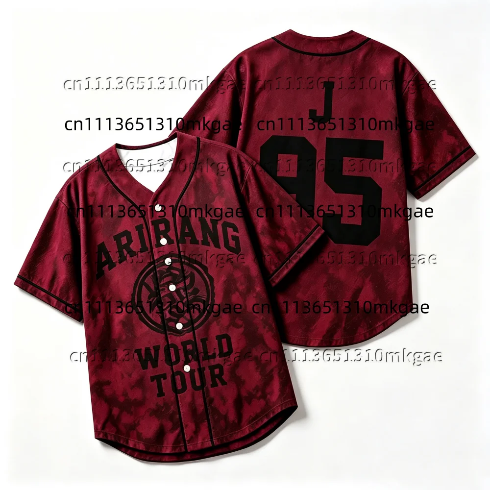 Kpop-Mode Rotes Batik-Baseball-Jersey für Männer Arirang Nummer Buchstabe 92-97 Druck Kurzarm Knopfleiste Hip-Hop Streetwear Hemden – Detail 7
