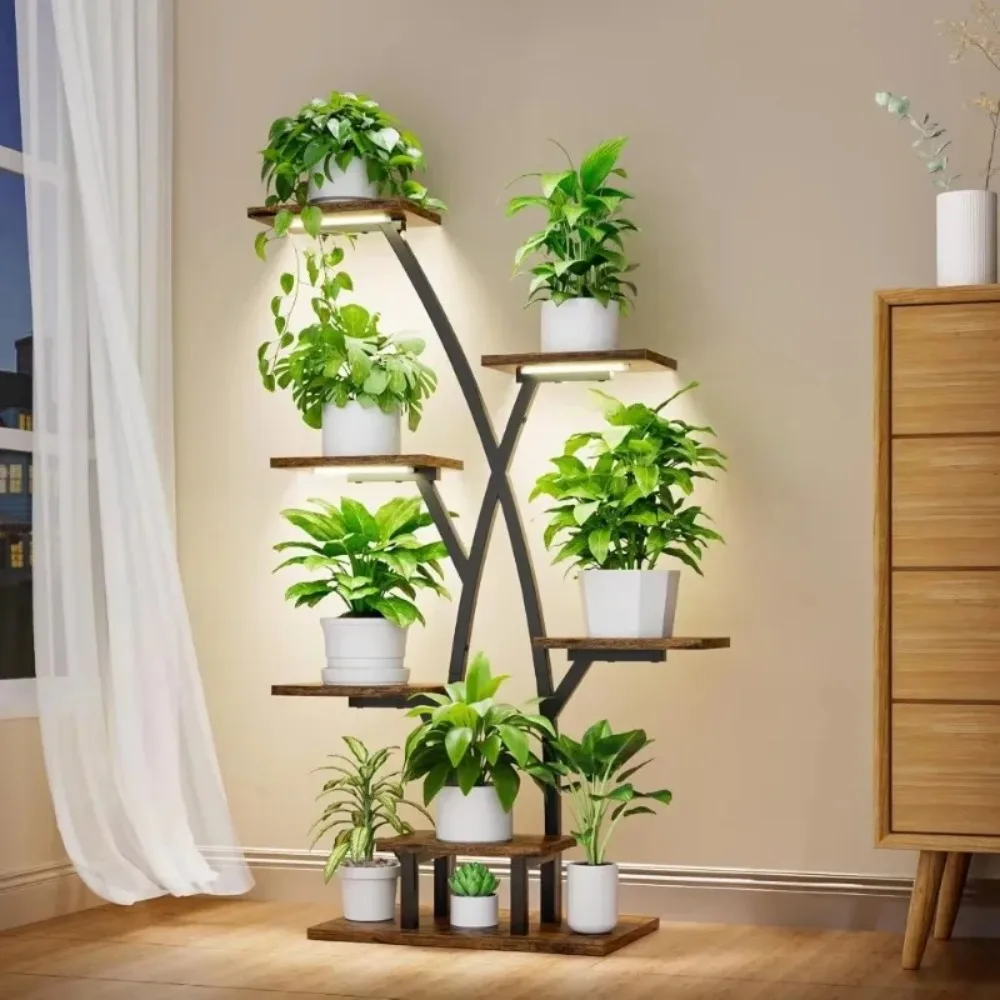 

42" Plant Stand With Grow Lights - 7 Tiered Corner Shelf for Multiple Plants, Metal Shelves, Flower Holder Display Rack