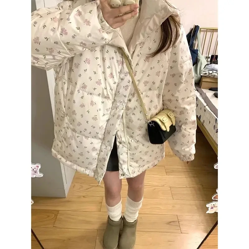Winter Coat Korean Fashion Parkas Sweet Floral Printed Stand Collar Warm Jackets Female Loose Bread Clothes