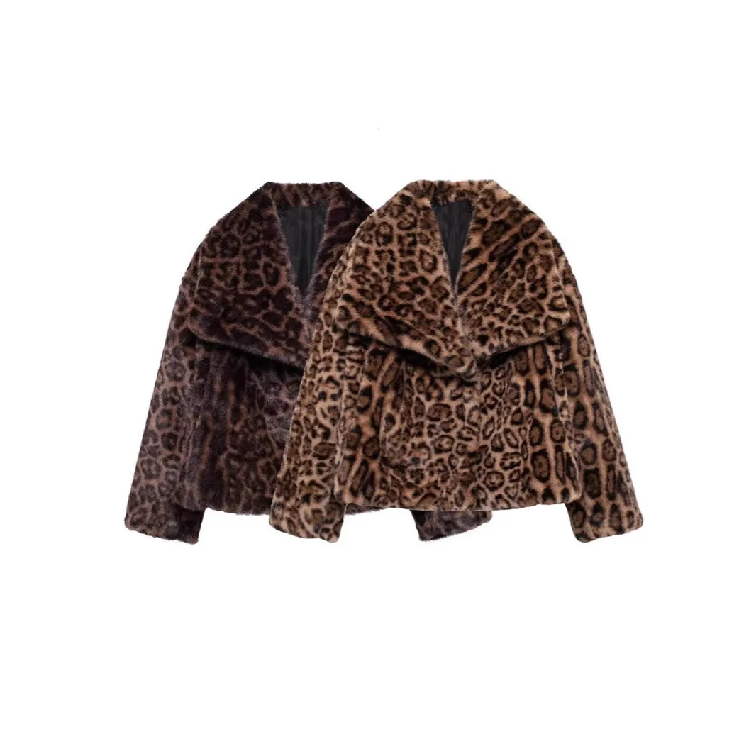 قصيرة ليوبارد فو الفراء سترة التلبيب المرأة معطف الشتاء طويلة الأكمام فروي سترة الأرنب الفراء رقيق جاكيتات ضئيلة أفخم معطف