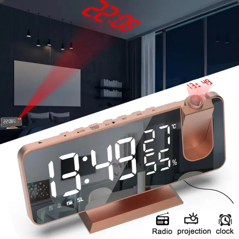 Digital Wall Clock With FM Radio 180° Arm Projection LED Alarm Clock Temperature And Humidity Week Display Brightness Outdoor