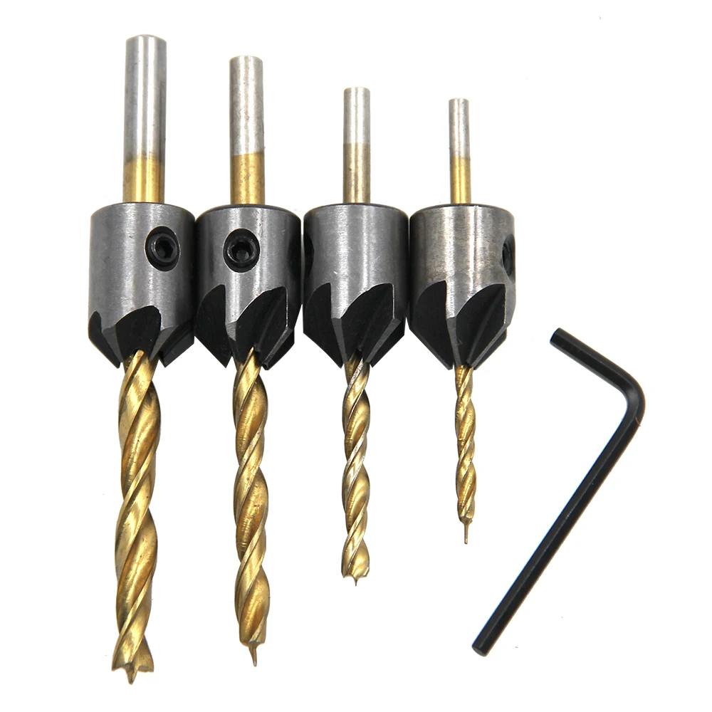 4pc Gold Three Pointed Woodworking Countersunk Drill with Screw Expansion Drill Hole Opener Electric Drilling Tool Accessories