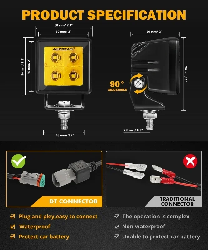 AUXBEAM 3000K/6500K 2 Inch LED Work Light Pods with DT Plug Wiring Harness   Driving Spot Lamp for Truck Pickup Offroad