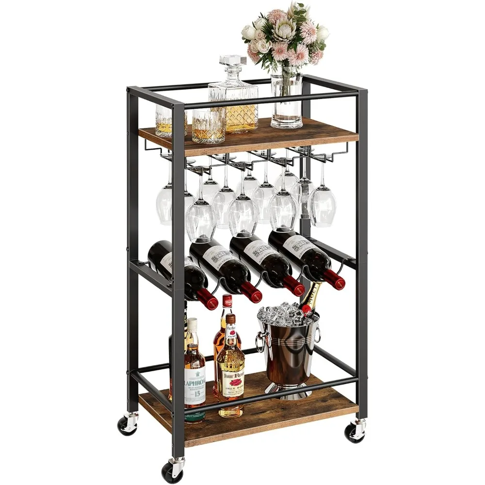 Bar Cart for Home,  3 Tier Serving Cart, Kitchen Storage Cart with Wine Rack and Glass Holders, for Kitchen,  Living Room