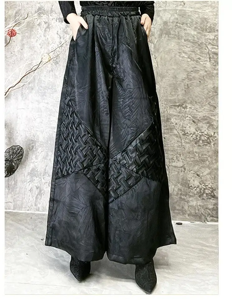 New Fashion Retro Women Chinese Style High-waisted Elegant Elastic Waist Straight Wide-leg Pants Personality Patchwork Trousers